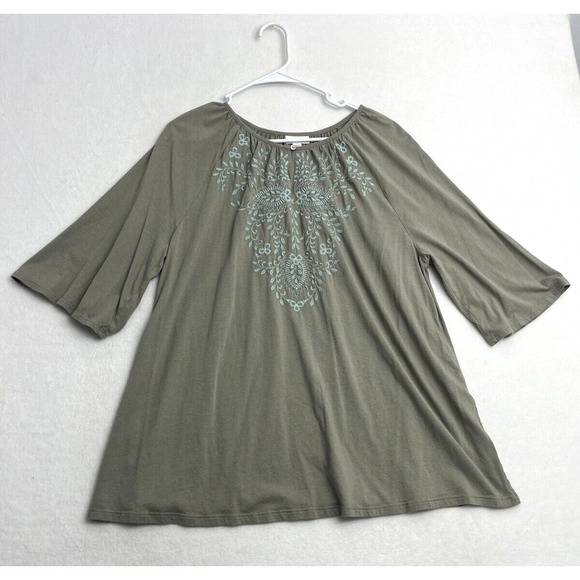 J Jill Embroidered Tunic Top Size XL Petite Cotton Blend Blouse Sage Green Boho - Picture 1 of 9